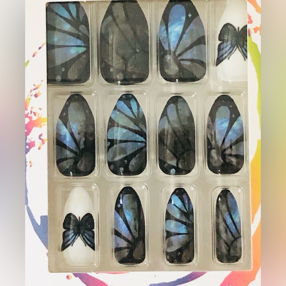 3 for $10 dark blue metallic goth butterfly print press on nail extensio…